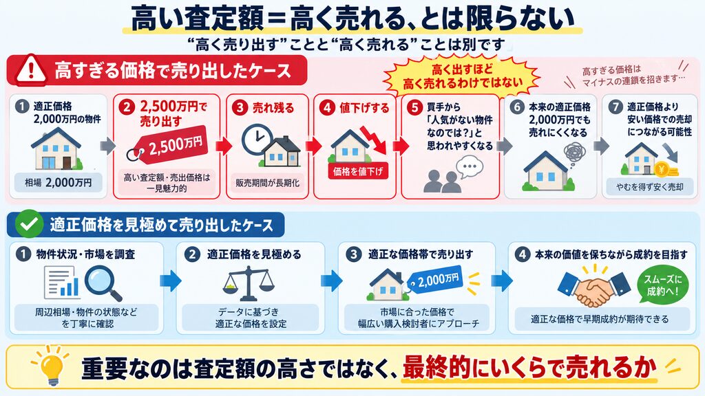 高すぎる価格で売り出した場合の流れとと適正価格を見極めて売り出した場合の流れを比較した図。